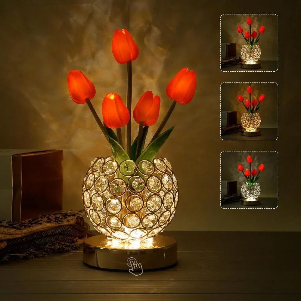 Crystal Red Tulip Flower Rechargeable Cordless Touch Light Lamp Home Decor